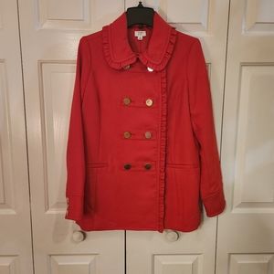 Crown & Ivy Ruffle Peacoat. Red. Medium.